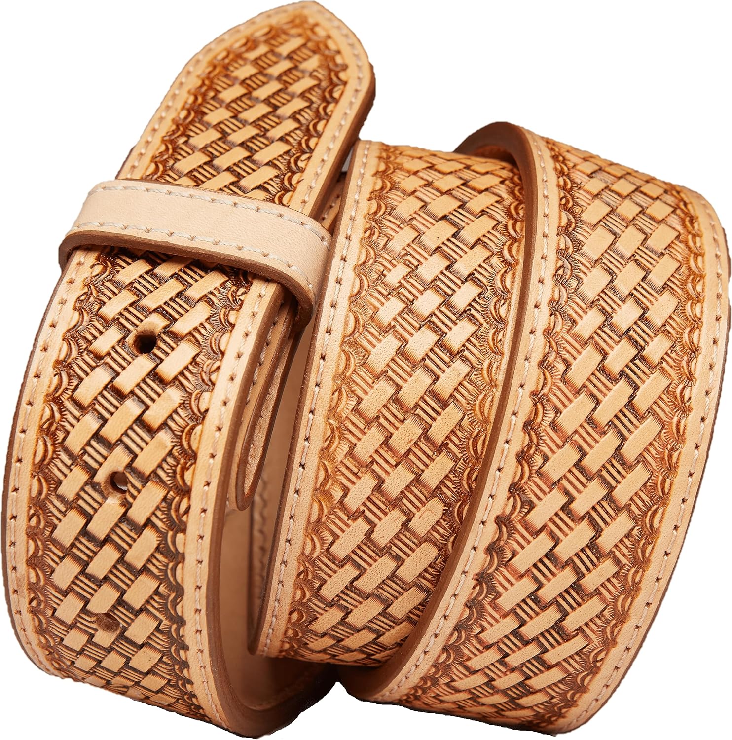 Tito's Custom Buckles JAYTON Hand-tooled Full-grain saddle leather lined Belt Western Basket Weave