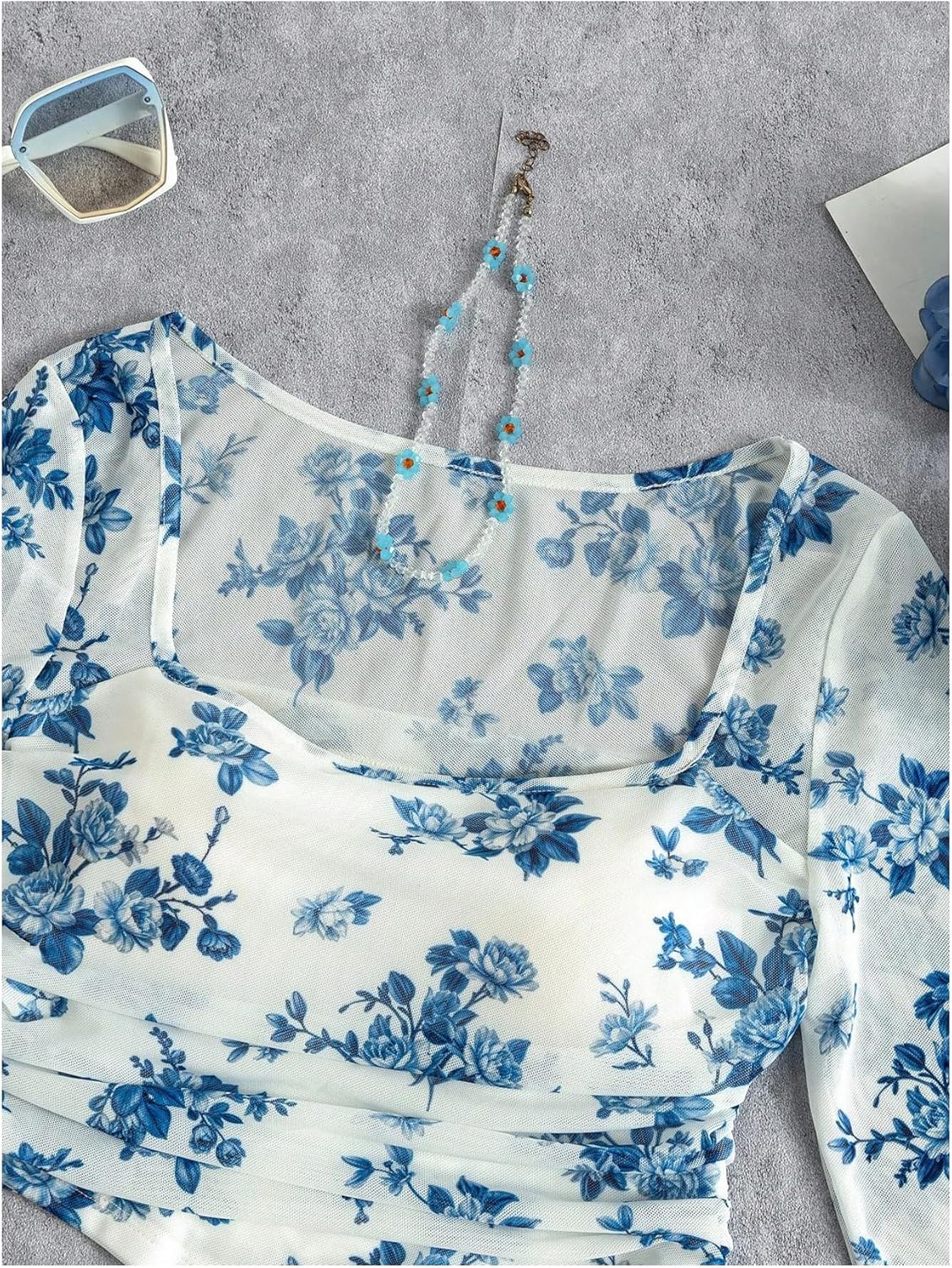 Floerns Girls Bell Long Sleeve Square Neck Asymmetrical Hem Mesh Ruched Crop Tops Tees - Image 4