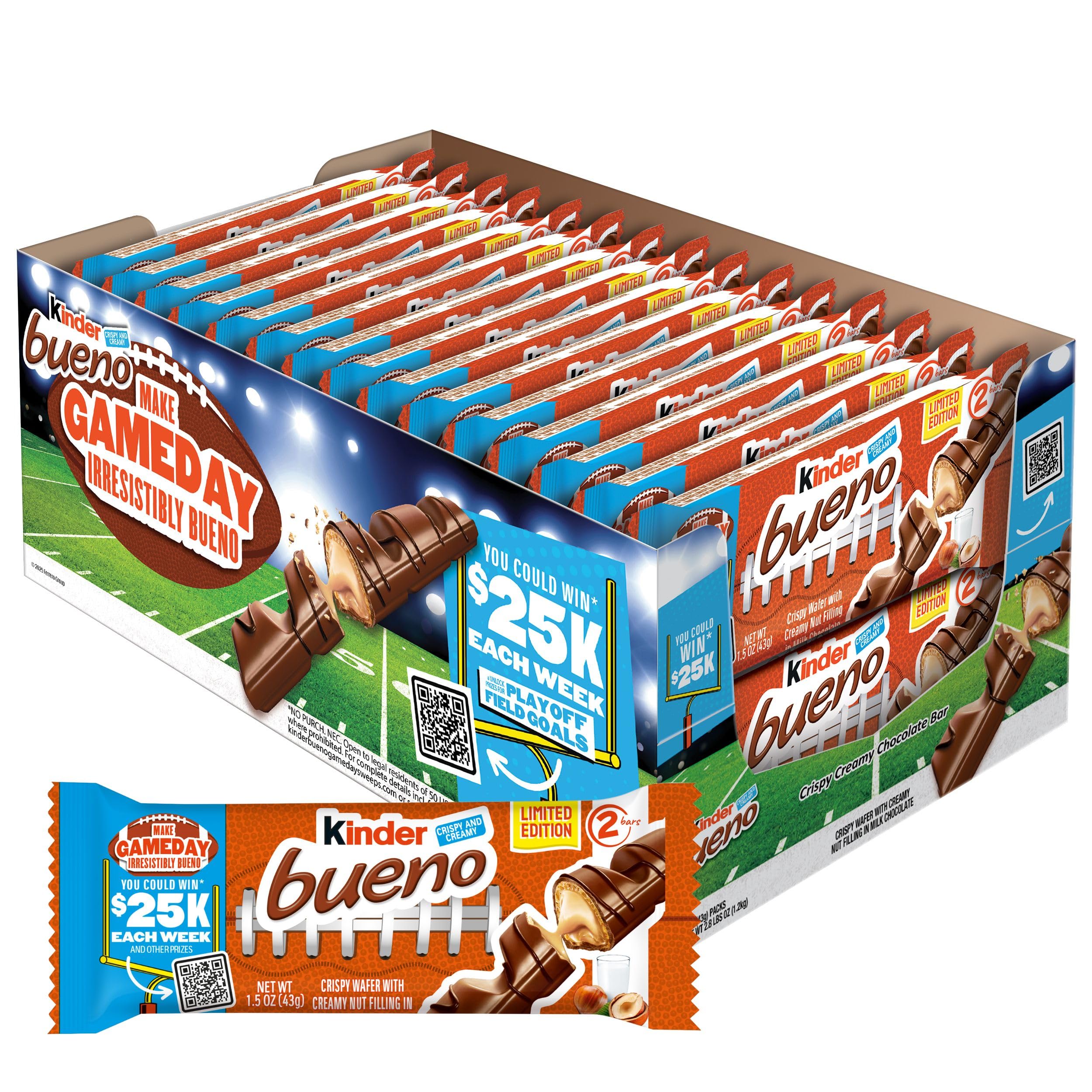Milk Chocolate Bars with Hazelnut Filling, 30 Packs of 2, Bulk Chocolate Candy Bars for Game Day, Football Party Supplies, Snacks for Adults, 1.4 oz Per Pack