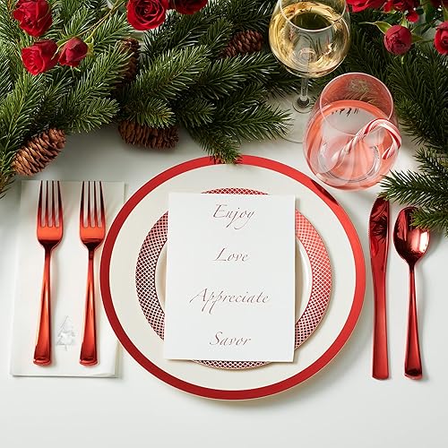 Miniatura 6 de By Madee HEAVYweight - Juego de platos y servilletas desechables de Navidad de 175 piezas, ribete rojo marfil, platos de Navidad, servilletas de