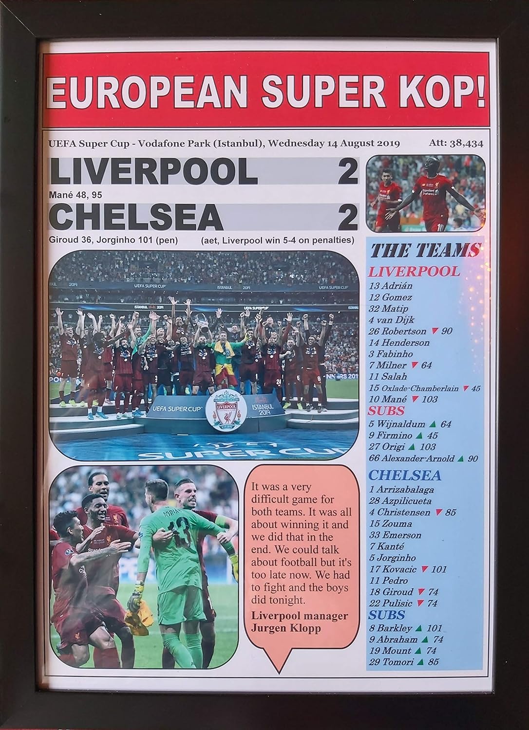 Liverpool 2 Chelsea 2-2019 European Super Cup - Framed Print