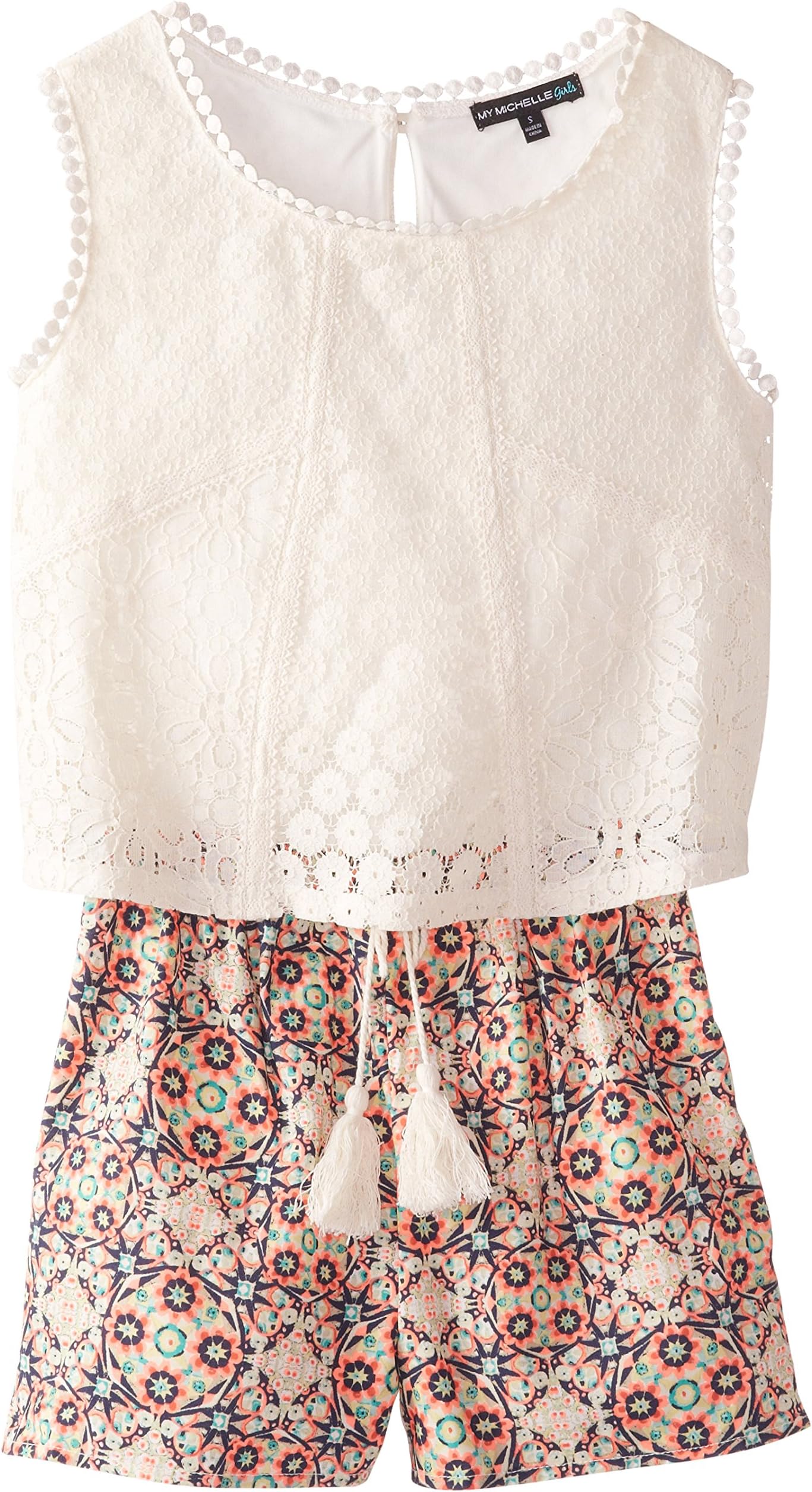 My Michelle Big Girls' Romper with Lace Popover and Printed Shorts