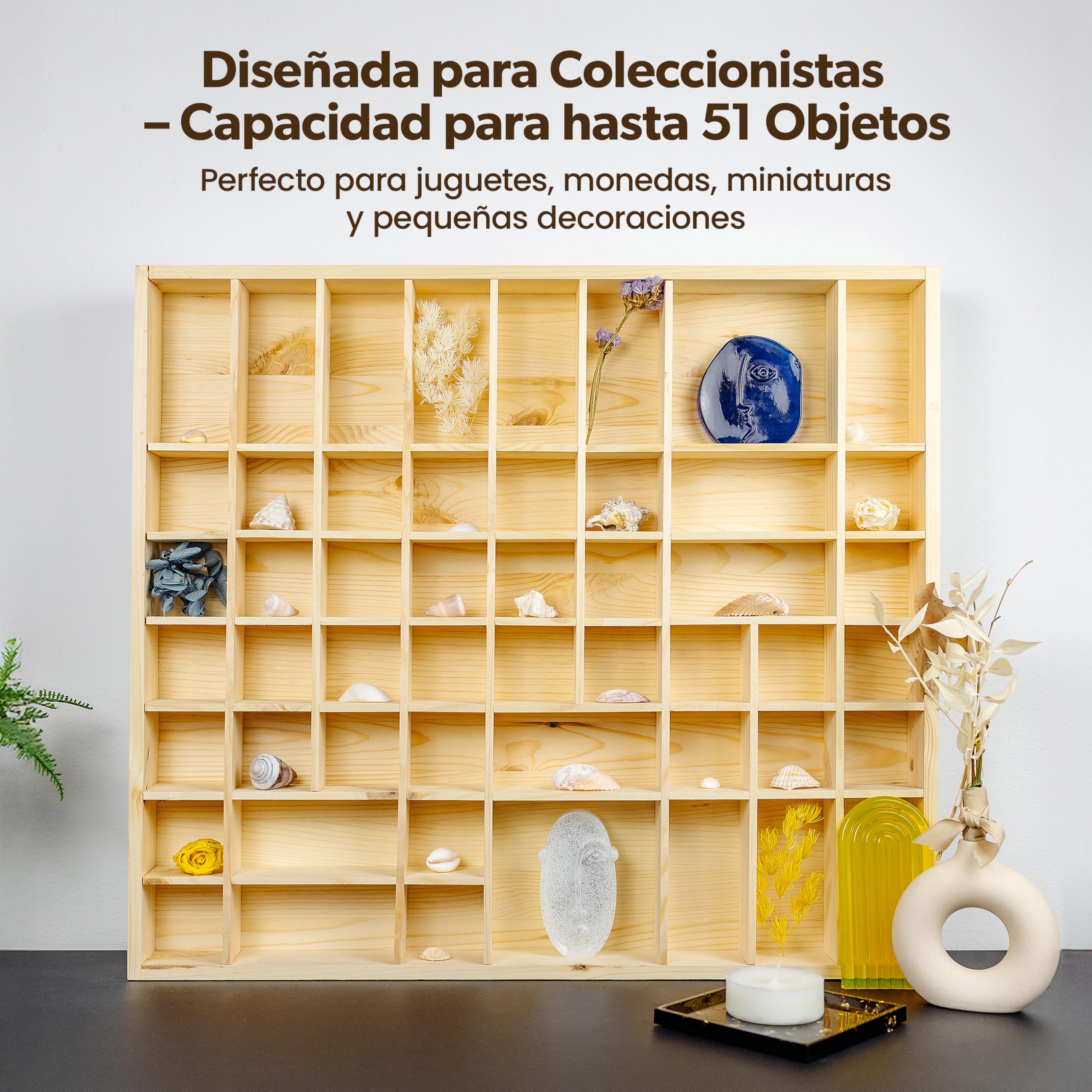 Creative DECO Vitrina Expositora Coleccionista | 51 Compartimentos | 52 x 46 x 5 cm | Estantería de Madera para Miniaturas, Figuritas, Joyería, Objetos de Valor, Juguetes Pequeños