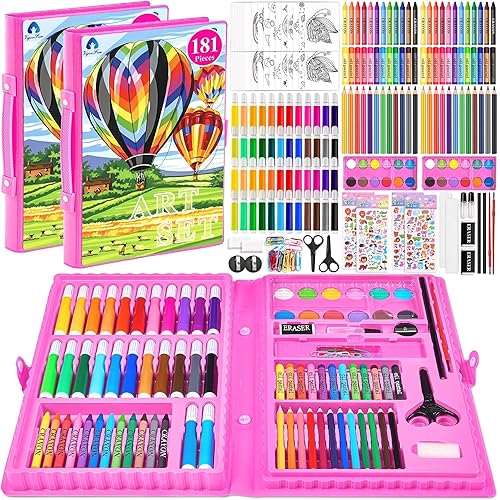 2 Pack Art Kit, Vigorfun Drawing Painting Art Supplies for Kids Girls Boys Teens, Gifts Art Set Case Includes Oil Pastels, Crayons, Colored Pencils, Watercolor Cakes (Pink)