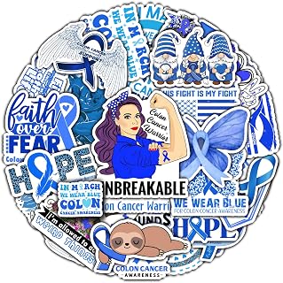 BIGZORO Pack 50 PCS Colon Cancer Awareness Stickers Decorative Dark Blue Ribbon Car Bumper Window Laptop Vehicle Accessories Vinyl Decals Waterproof for Inspirational Label Aesthetic