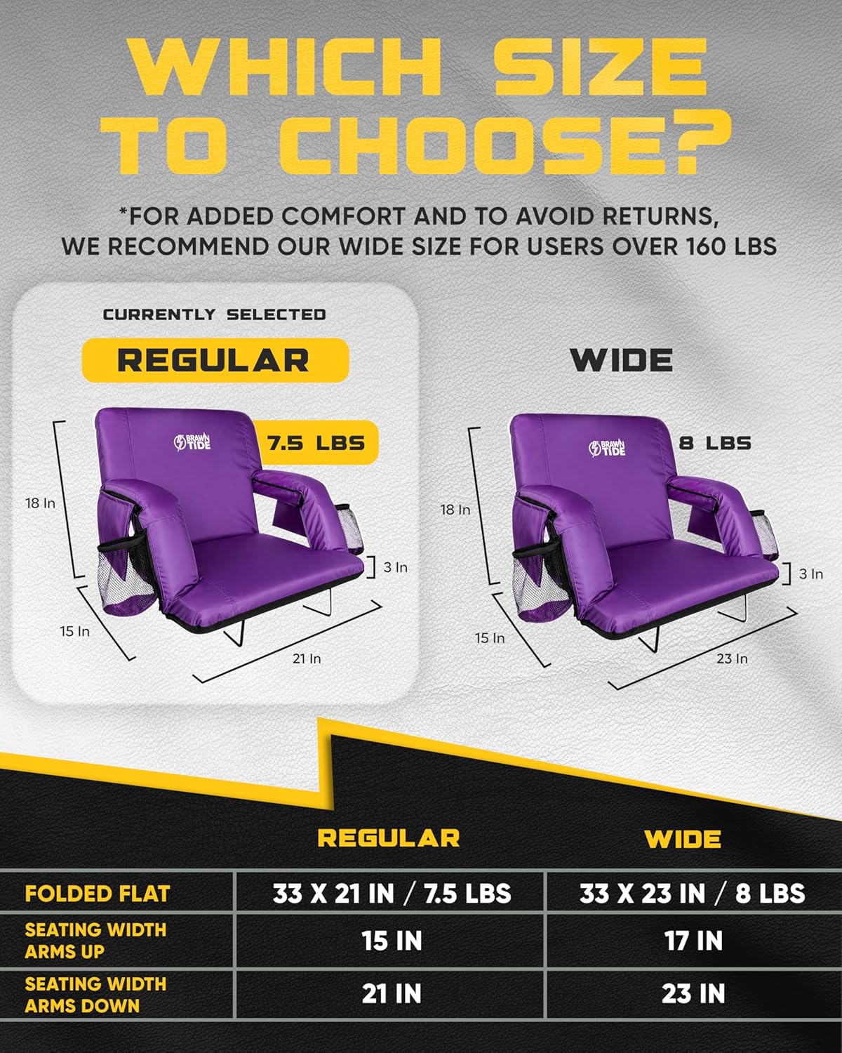 BRAWNTIDE Stadium Seat for Bleachers with Back Support - Wide Padded Reclining Bleacher Seat, Portable Folding Stadium Chair with Armrests, Hooks, Straps, Cup Holders & Pockets (Purple, 21)