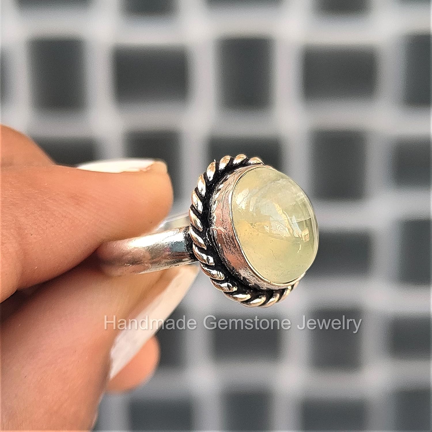 Handmade Boho Women's Prehnite Ring - Oval Green Gemstone Statement Jewelry Gift,