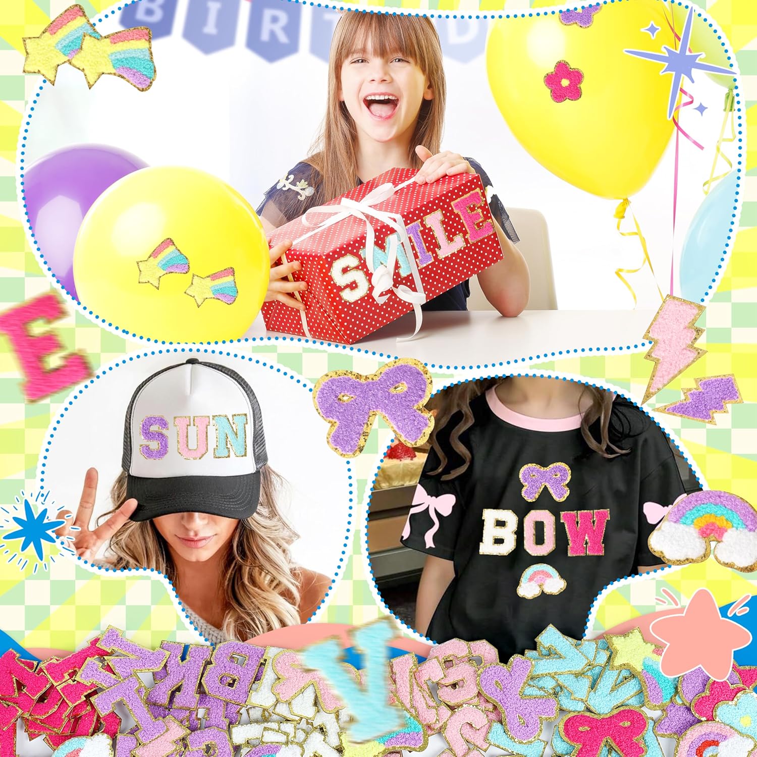 NICEVINYL Adhesive Chenille Letter Patches: 162PCS Self Adhesive Letter Patches for Clothing Backpacks Jackets Hat Bags - Varsity Cute Hearts Star Lightning Chenille Patch for Birthday Gifts Decor