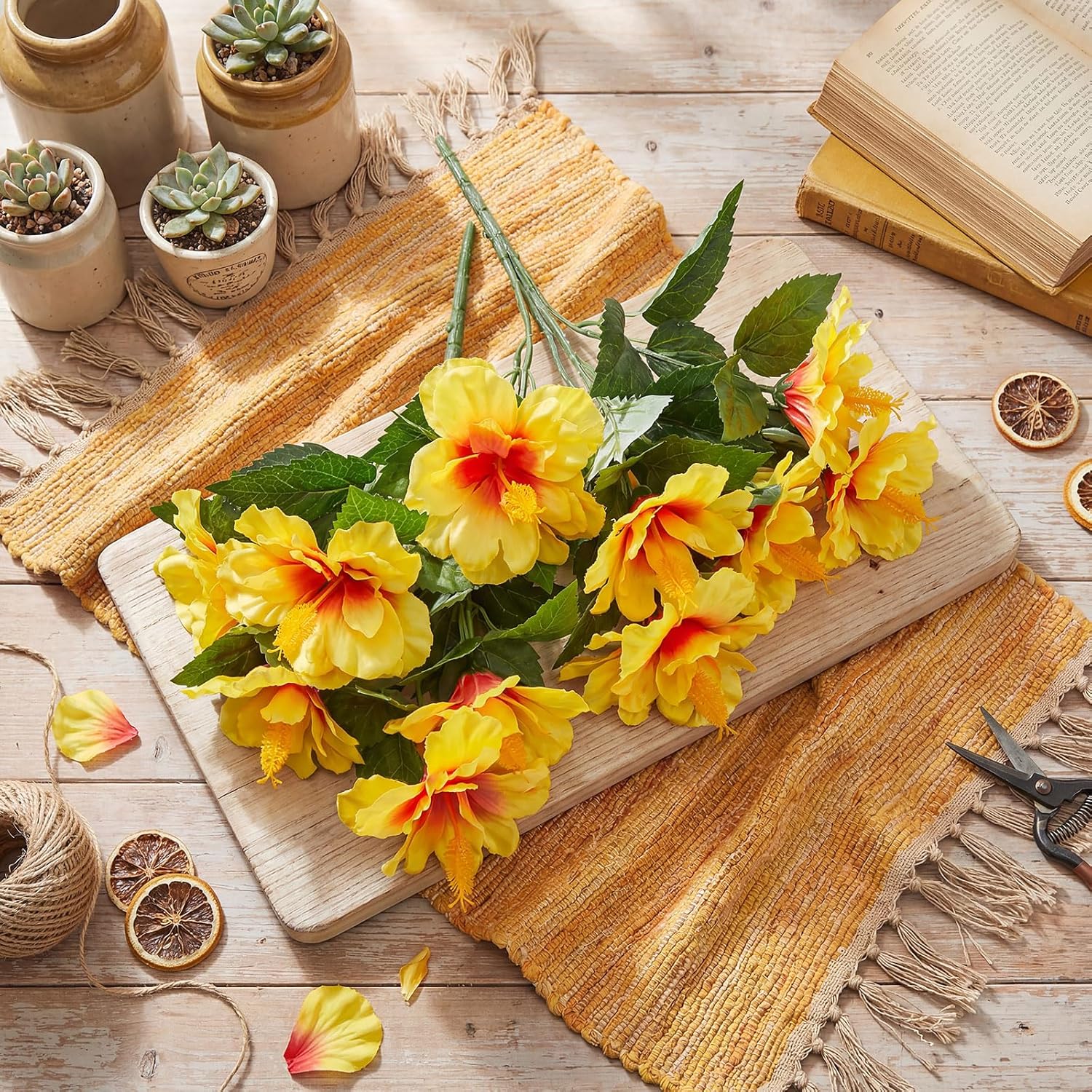 12 Bundles Artificial Hibiscus Flowers for Outdoor Decoration Fake Tropical Flowers UV Resistant Faux Silk Planter for Outside Garden Porch Patio Spring Home Front Door Decor(Yellow)