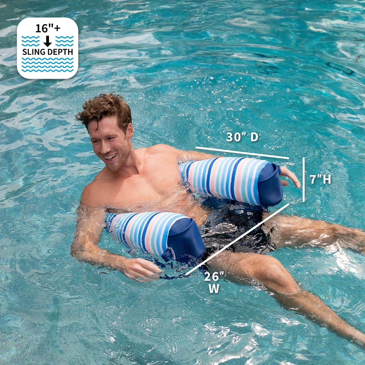 Noodle Party Sling Pool Float - Lightweight & Portable Pool Lounger, Quick-Drying Mesh Fabric - Pattern Clean Stripe