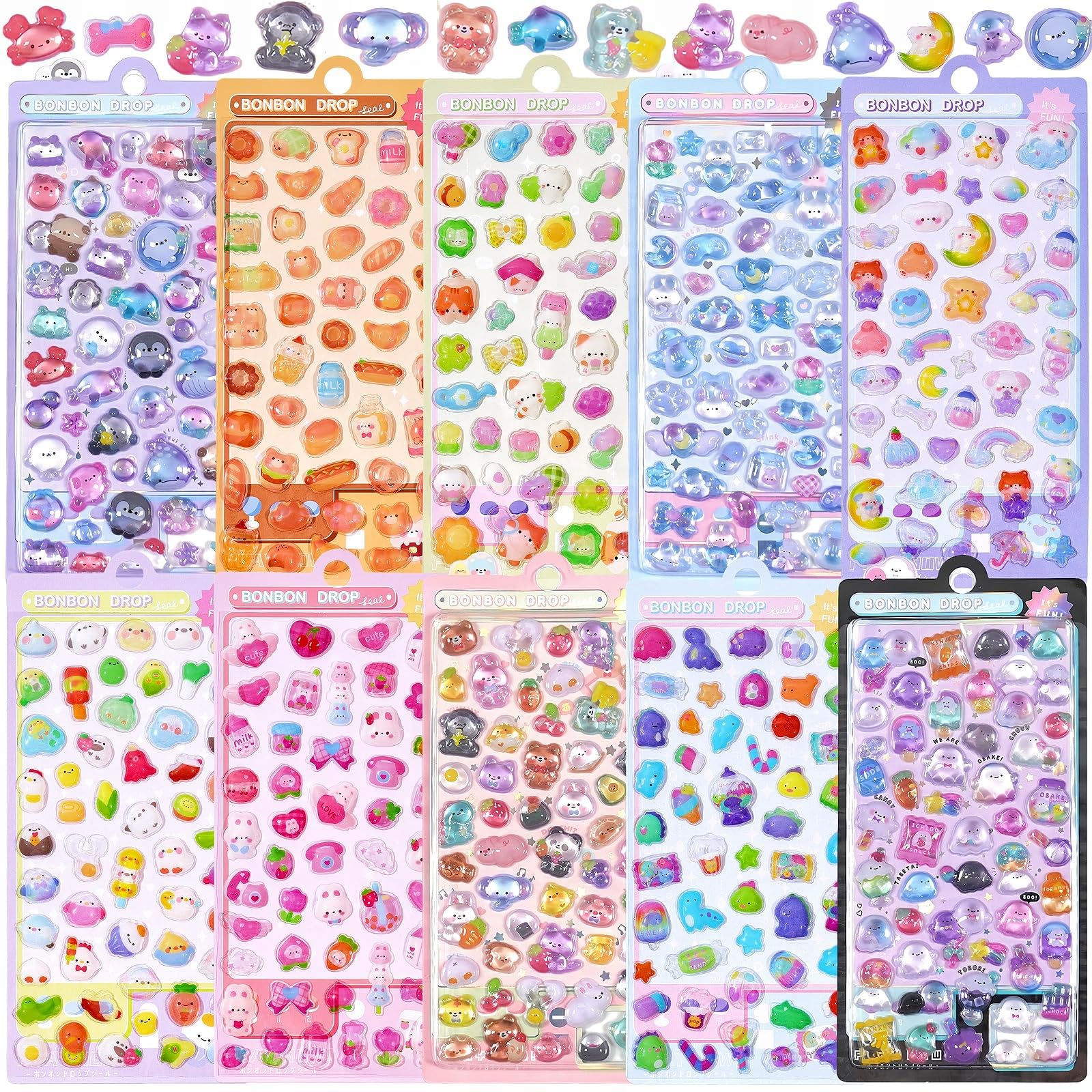 Rusokufo 500+ 3D Puffy Sticker Set 10 Sheets Cute Jelly Resin Decorations For Scrapbooking Journals Laptops