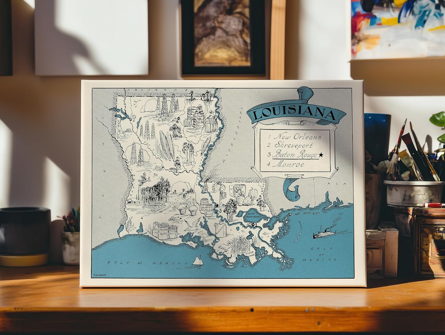 Poster Master Map Canvas - Retro Louisiana State Print - Educational Art - Gift for Teacher, Student, Travel Lover - Wall Decoration for Classroom, Office, Dorm - 8x10 STRETCHED Canvas