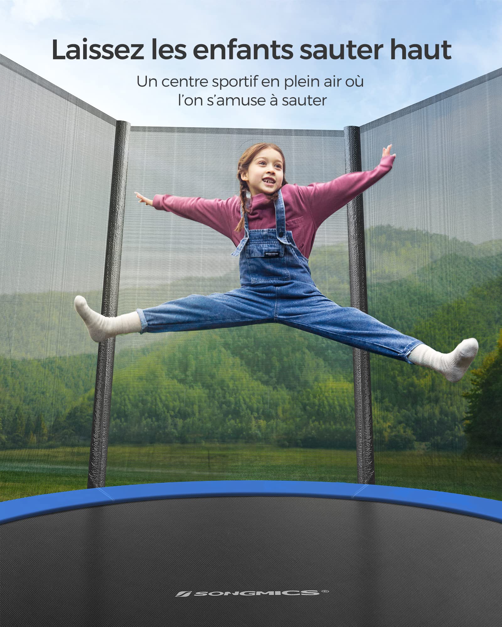 SONGMICS Trampoline Extérieur Enfant Diamètre 183/244/305/366/427 cm, Filet de Protection Externe, Coussins de Sécurité, Échelle, Poteau Droit de 180 cm de Haut, Cadre en Acier