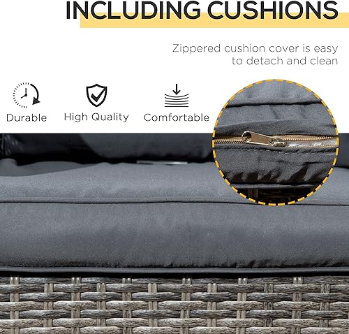 Miniatura 3 de Outsunny Juego de 3 piezas de bistró para patio, muebles de mimbre de ratán PE para exteriores con mecedoras giratorias de 360 y cojín suave, mesa