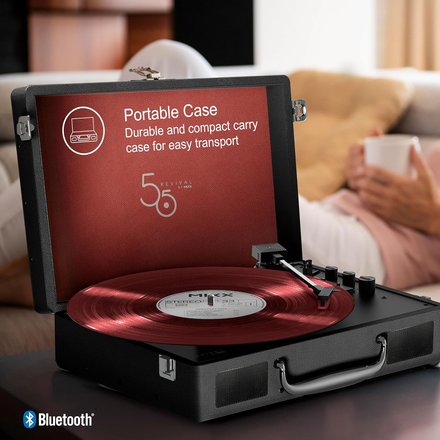 Mixx Revival 55 Portable Suitcase Vinyl Record Player with Built-in Stereo Speakers, Bluetooth Input & Output, 33 1/3 & 45 RPM Speeds with Adapter, Retro Style, AC Adapter