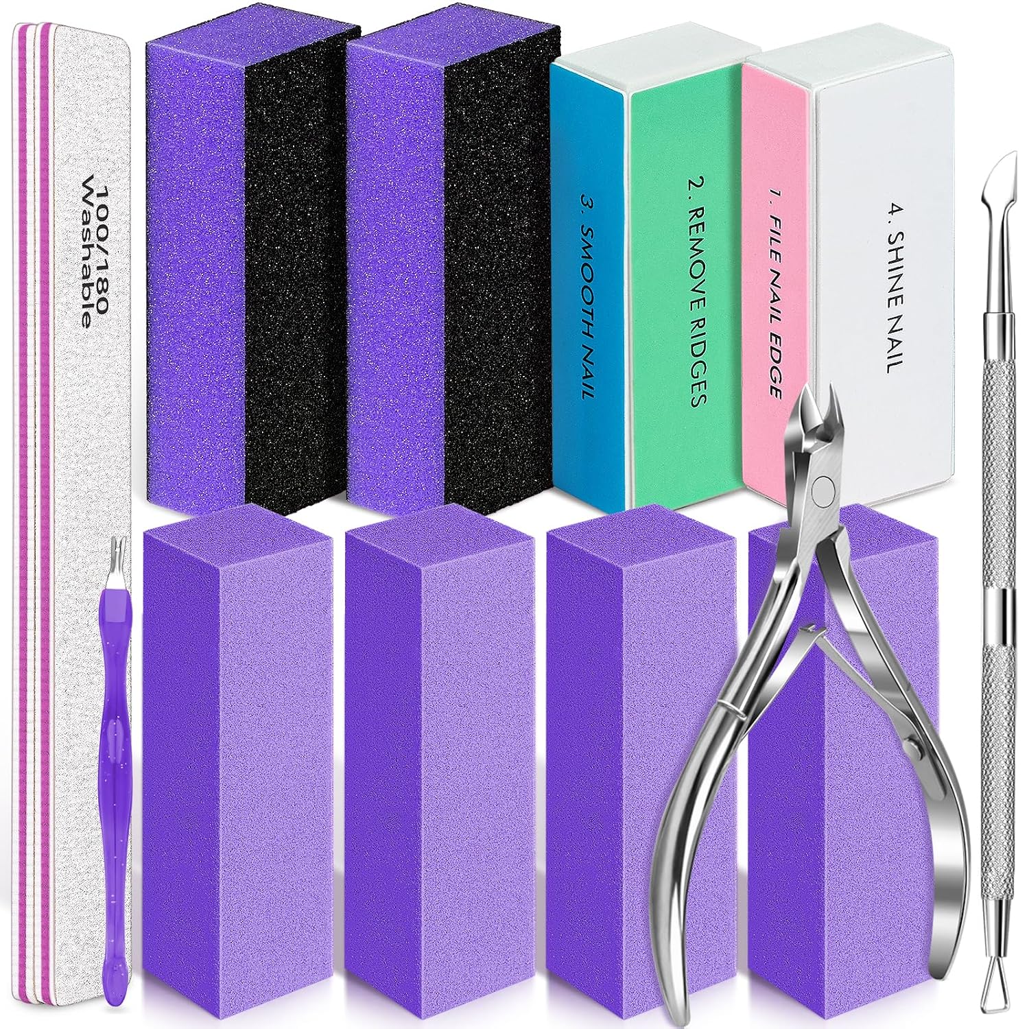 TsMADDTs Nail Files and Buffers, 13 pcs Nail Kit with 3-Way Sanding Block, 4-Way Buffing Block, 100/180 Files, Cuticle Nippers & Cuticle Pusher