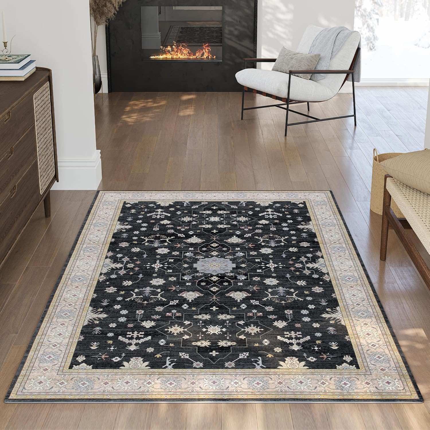 3x5 Area Rug for Entryway, Small Black Boho Washable Rug, Soft Modern Low Pile Indoor Doormat, Carpet for Bedroom Bedside Living Room Bathroom Playroom Kitchen Dining Room Laundry, Black/Gold