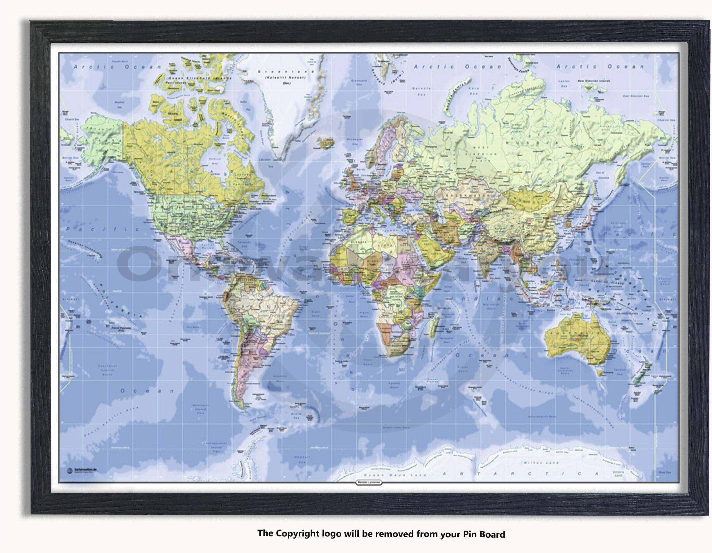 Framed - World Physical Map - Push Pin Memo Notice Board - Black Driftwood Effect - Matt Finish - Measures 96.5 x 66 cms (38 x 26 Inches - Approx)