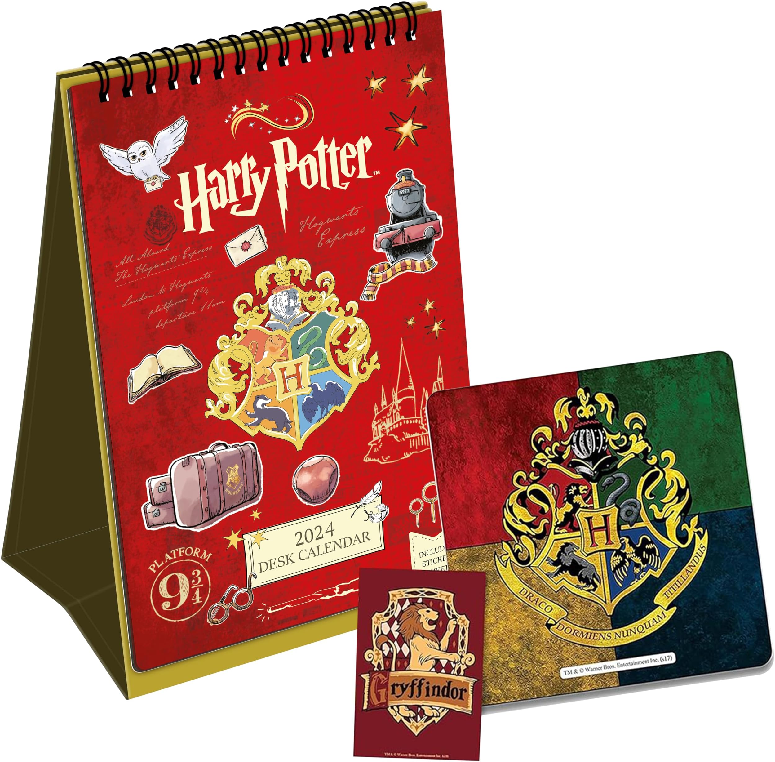 MCSID RAZZ Officially Licensed by Warner Bros, USA Harry Potter Table Calendar 2024 with Sticker, House Crest -Multicolour Coaster and Gryffindor No 1 Magnet Combo Set - Pack of 3