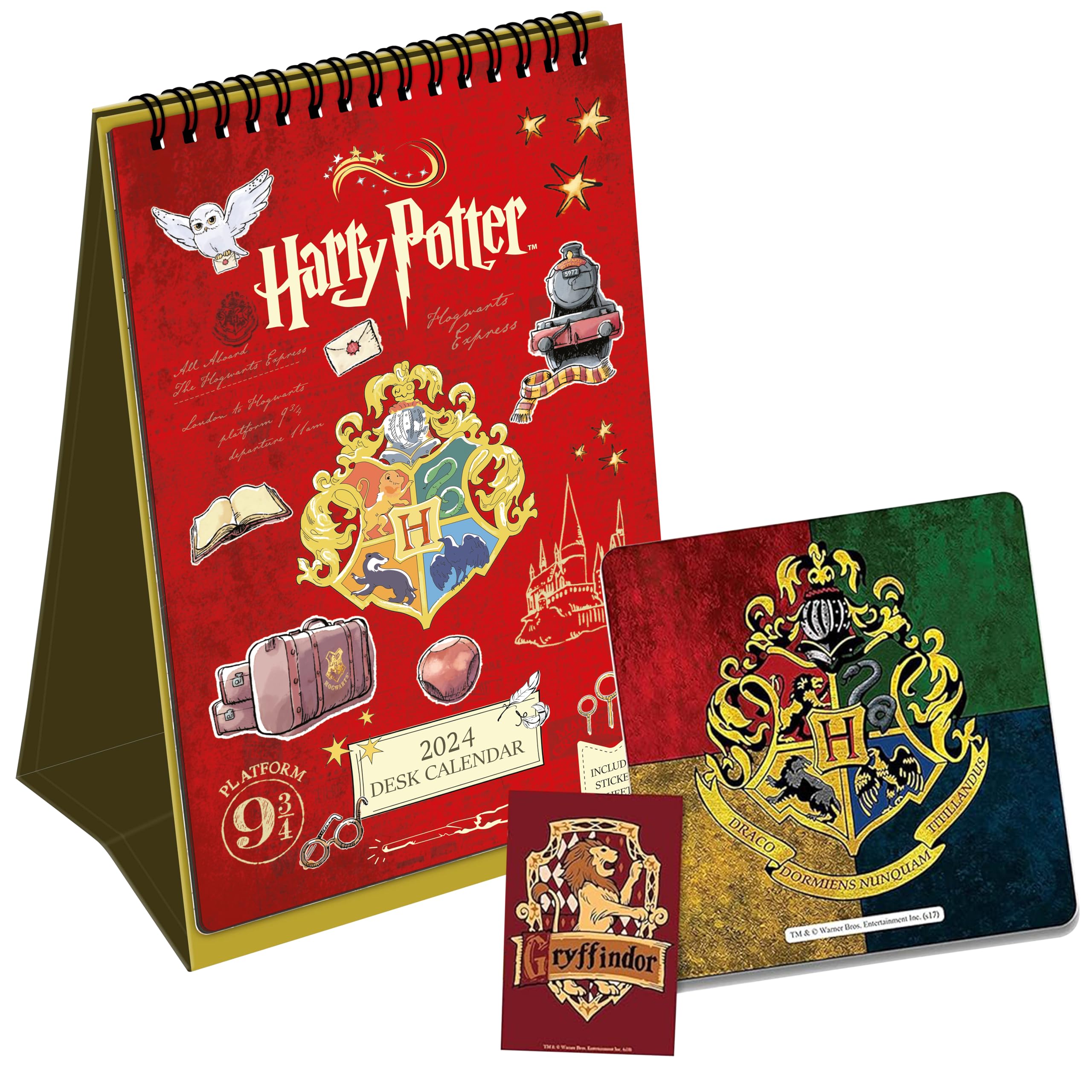 MCSID RAZZ Officially Licensed by Warner Bros, USA Harry Potter Table Calendar 2024 with Sticker, House Crest -Multicolour Coaster and Gryffindor No 1 Magnet Combo Set - Pack of 3