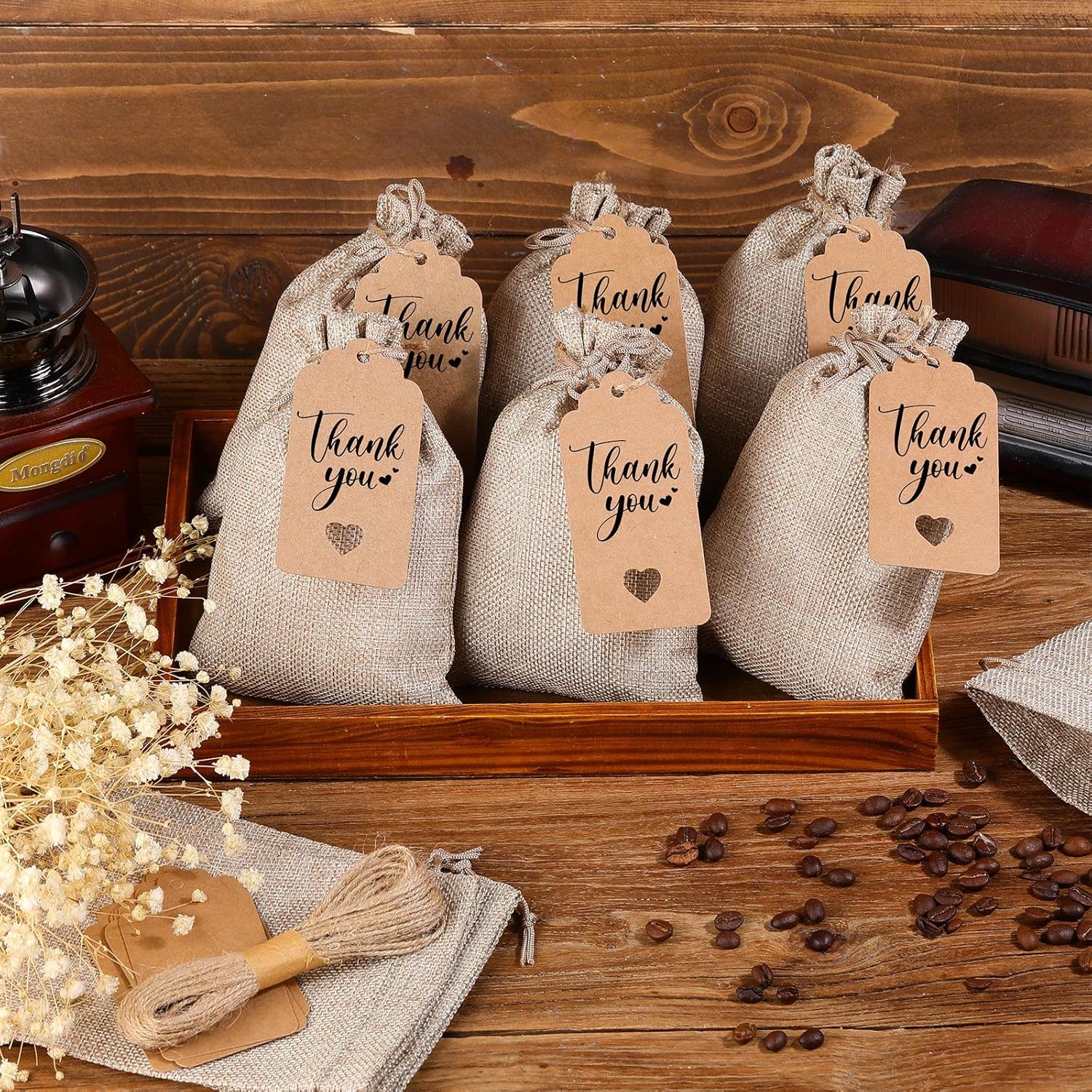 Buryeah 120 Pcs Christmas Burlap Bags with Drawstring and 120 Pcs Gift Tags, 7 x 5 inch Burlap Bags with Drawstrings, Jewelry Pouches Linen Sacks for Christmas Birthday Gifts Wedding Party Favors