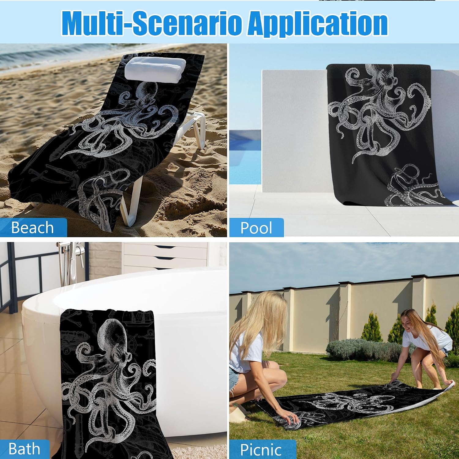 Octopus Beach Towel for Men, Black Octopuses Sand Beach Towels Gifts for Men Boys, Nautical Octopus Quick Dry Bath Pool Towels for Bathroom Swimming Pool, Octopuses Bathroom Decor, 30x60