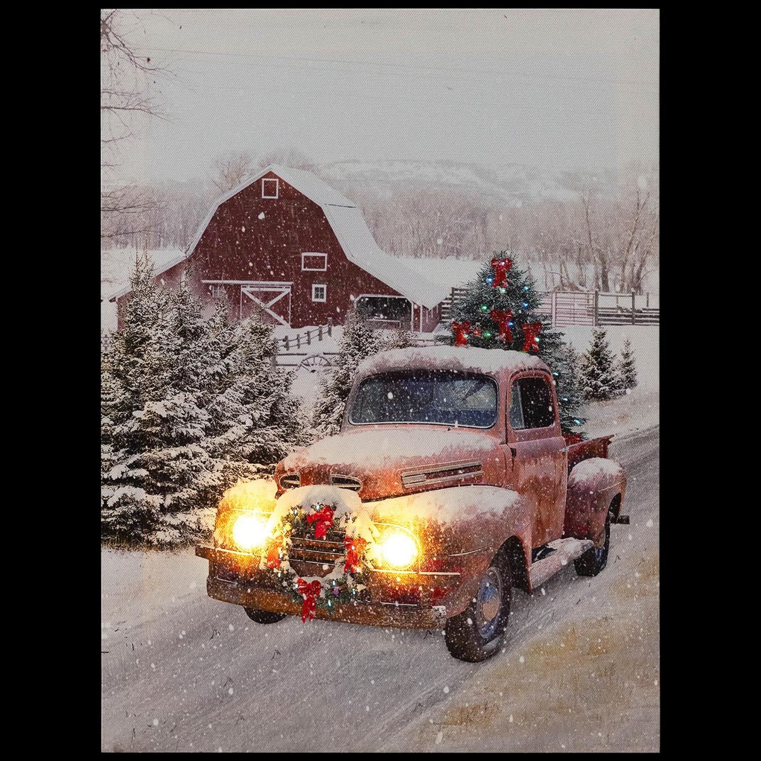 LED Lighted Fiber Optic Truck with Tree Christmas Canvas Wall Art 15.75" x 11.75"