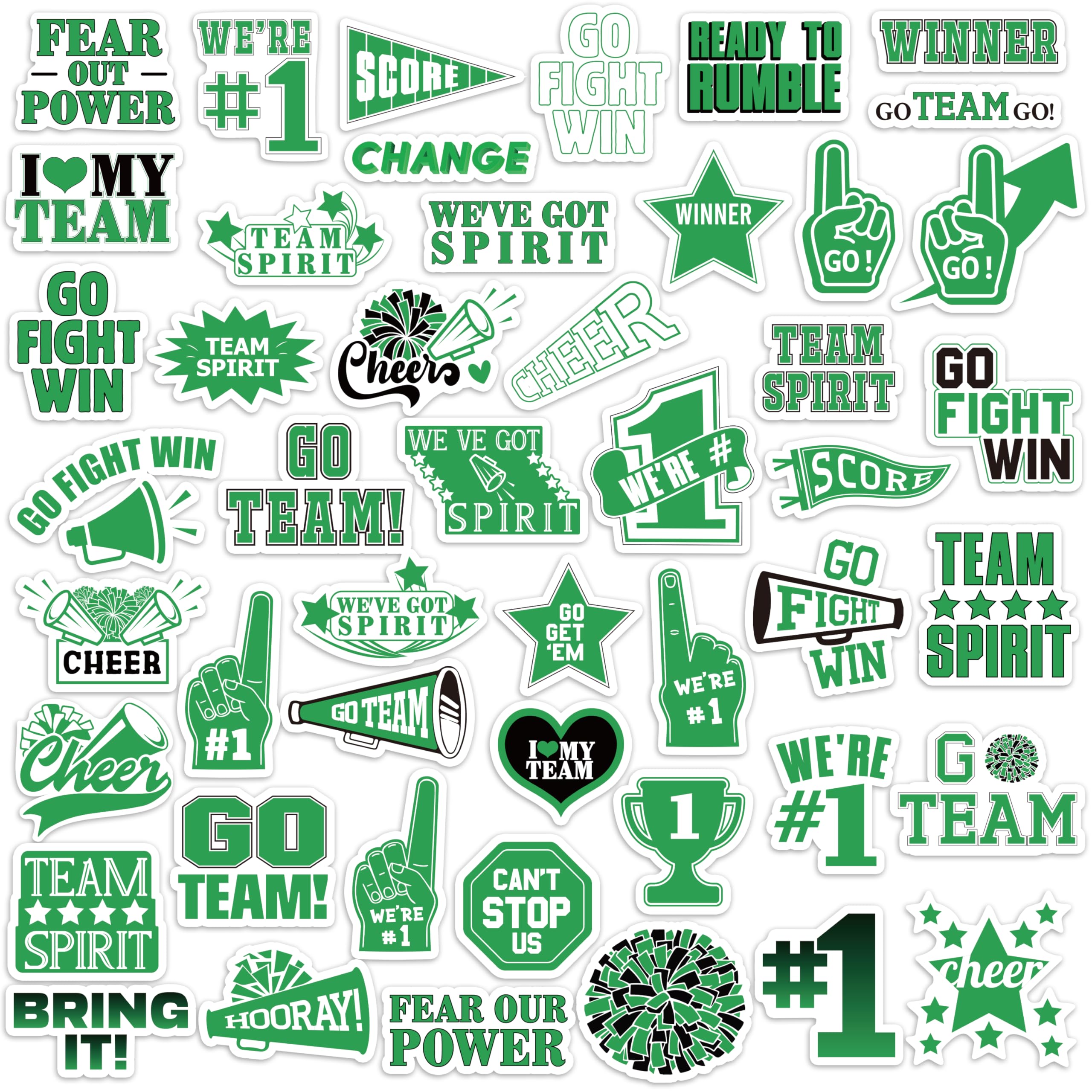 Feuid Gniea 50Pcs Green Team Spirit Stickers, Go Team Stickers for Kids, Sports Waterproof Vinyl Self-Adhesive Decals Sports Motivational Cheer Decals