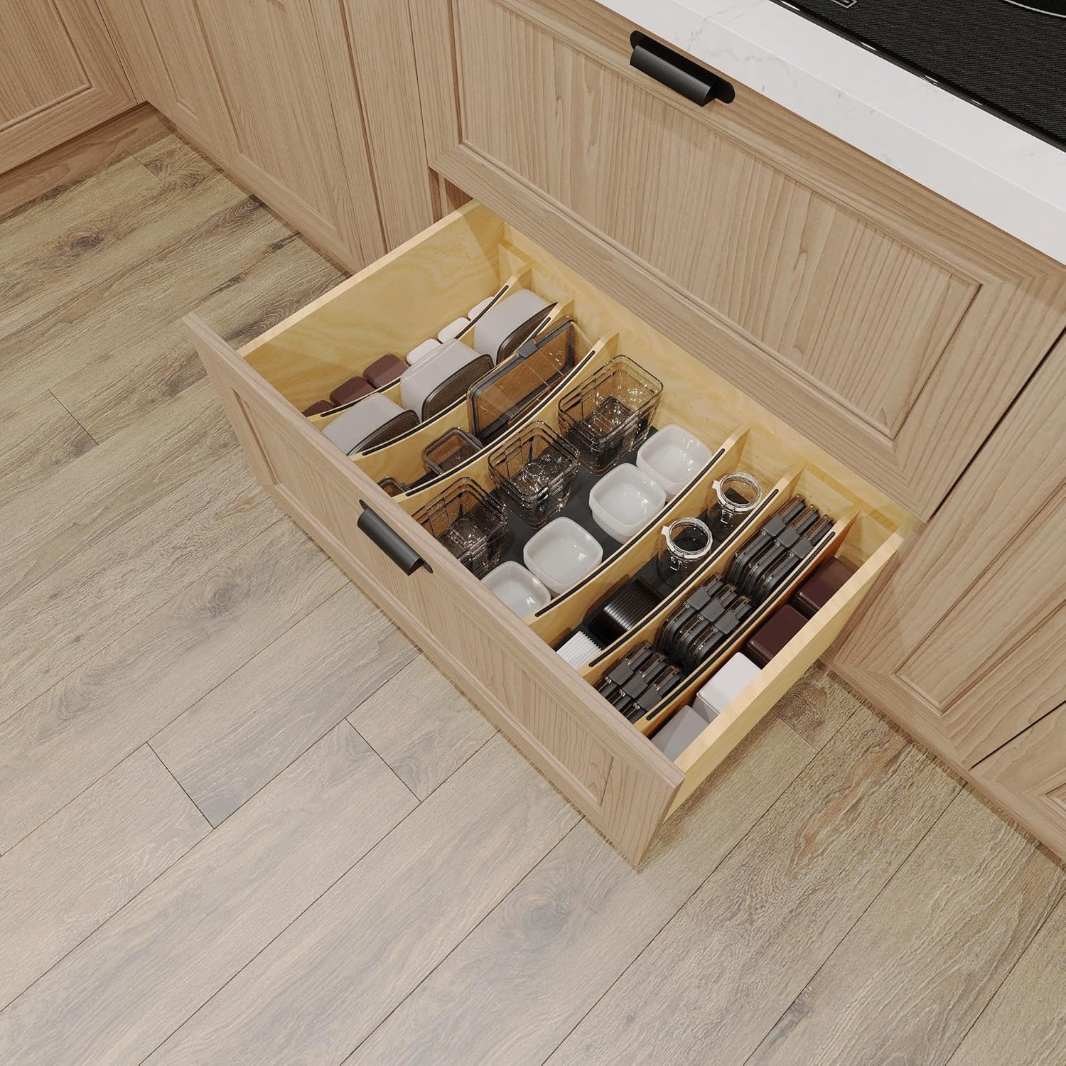 Rev-A-Shelf Craftsman Collection Solid Maple Adjustable Deep Drawer Divider Insert w/Black Accents for 33”-36” Base Cabinet Drawers