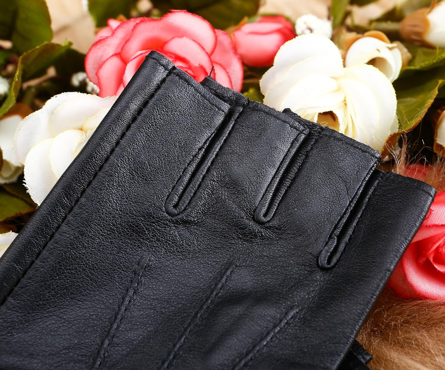 Women's Half Finger Leather With Silk Lining Performance Cycling Driving Gloves - Image 7