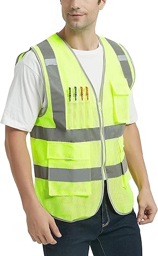 Miniatura 5 de VICRR Chaleco de seguridad para hombres y mujeres con bolsillos, chaleco de seguridad reflectante amarillo rosa, negro y azul, chaleco de seguridad
