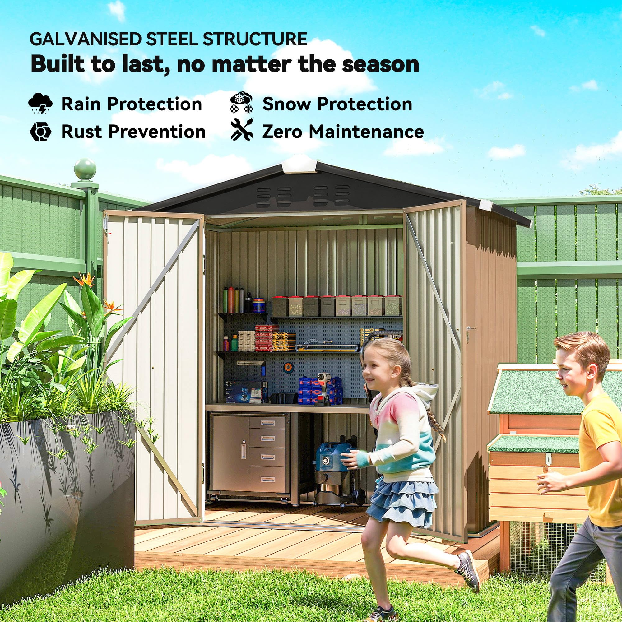 Outsunny 6.5' x 4' Outdoor Storage Shed, Metal Garden Shed with Lockable Double Doors, 4 Vents, Tool Storage House for Outdoor Patio Yard, Brown - 3