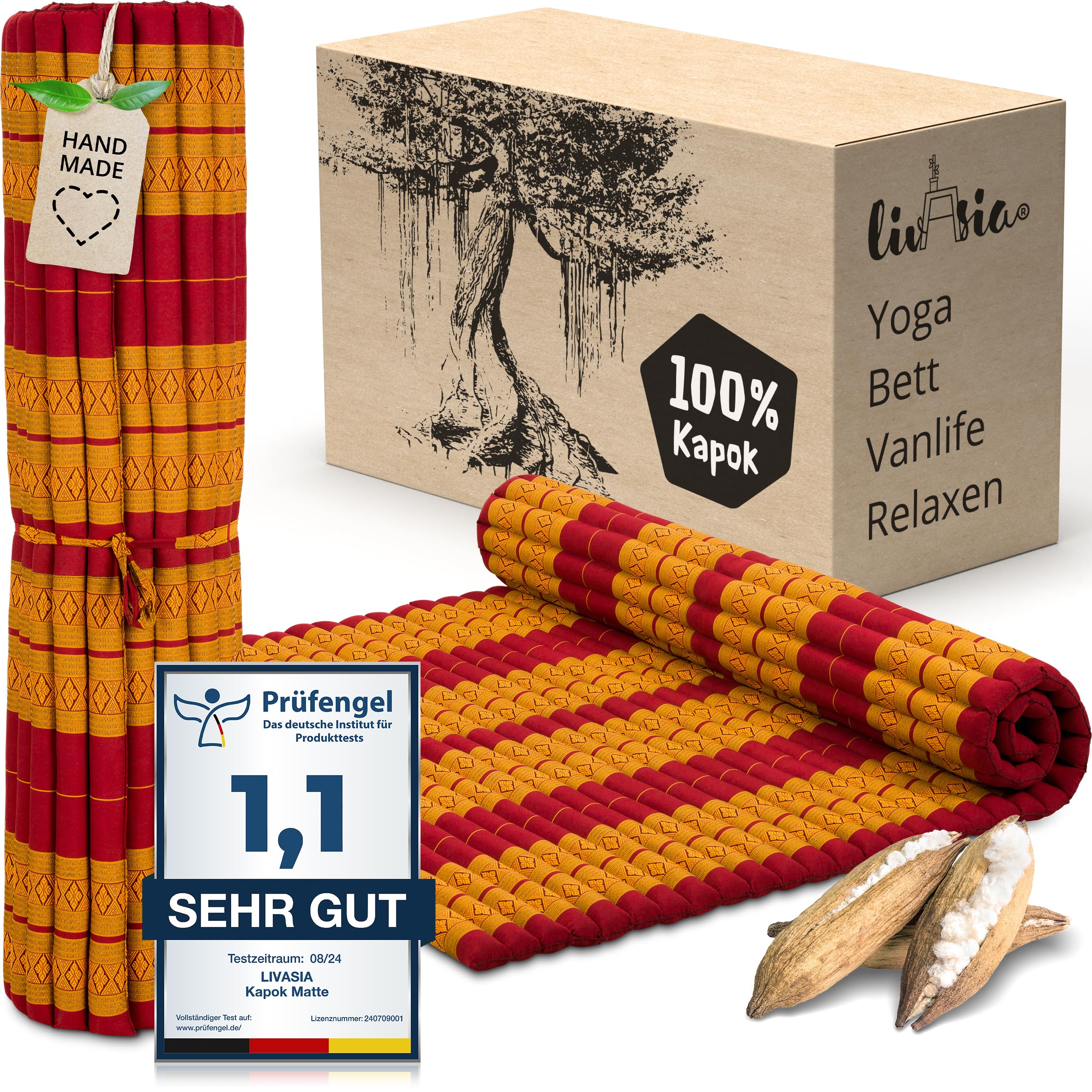 livasia Rollmatte Rollmatratze L-200x110x4,5cm, Gästebett Gästematratze 1 Person, Reisebett Kofferraum Outdoor, Thaimatte Kapok, Garten Balkon handgefertigt rubinrot