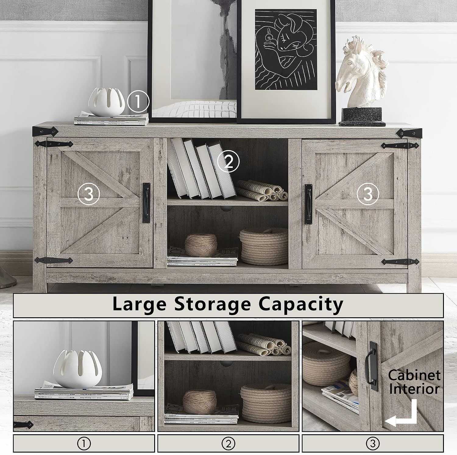T4TREAM TV Stand Farmhouse Collection Television Console Table Fits TVs Up to 65 inches, Modern Media Entertainment Center with Barn Doors & Adjustable Shelves for Living Room, Gray Wash
