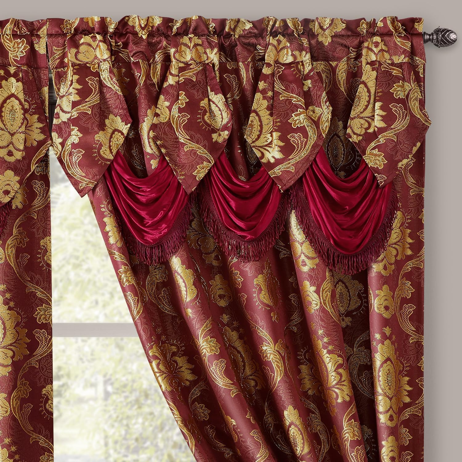 HOMEIDEAS Burgundy Paisley Jacquard Curtains, Victorian Luxury Window Curtains 2 Panels Set with Attached Valance and Sheer Backing, Fancy Drapes for Bedroom & Living Room, 52x84 Inches