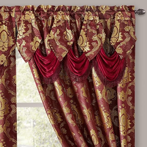 HOMEIDEAS Burgundy Paisley Jacquard Curtains, Victorian Luxury Window Curtains 2 Panels Set with Attached Valance and Sheer Backing, Fancy Drapes for Bedroom & Living Room, 52x84 Inches