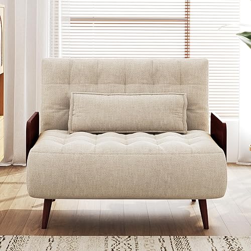 Miniatura 16 de JASIWAY Silla convertible para adultos, silla futón convertible 3 en 1 de lino con almohada, sofá cama individual plegable, cama de invitados para