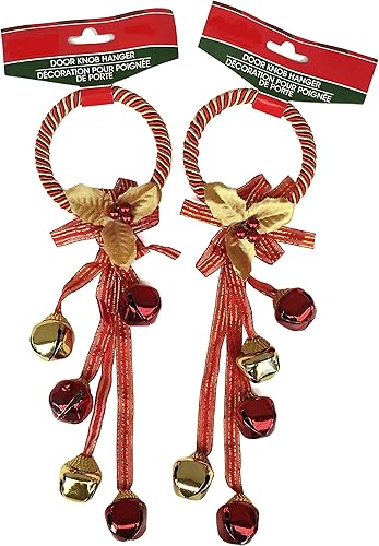 Jingle Bells - Perilla decorativa de Navidad para puerta, juego de 2 (rojo y dorado)