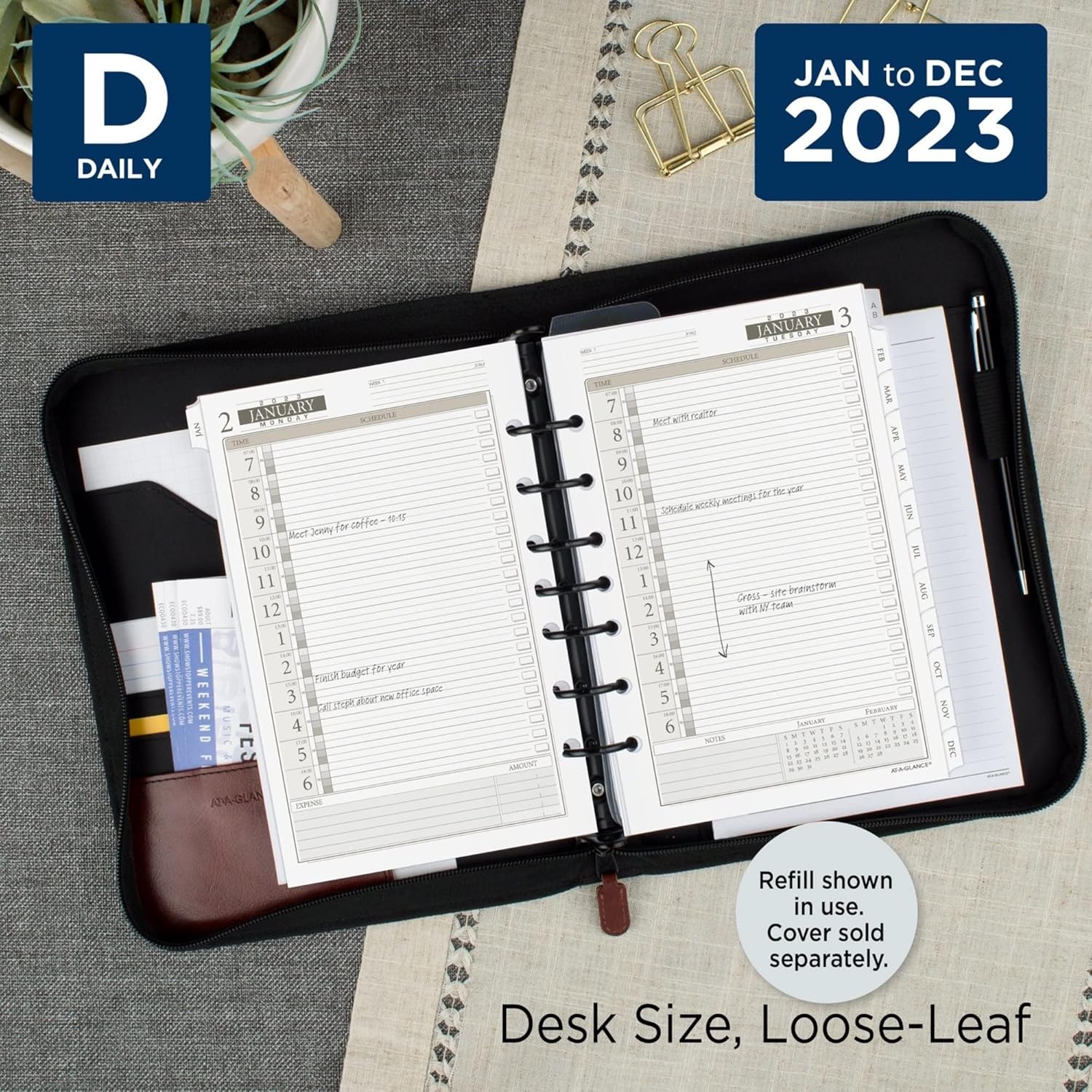 AT-A-GLANCE 2023 Daily Planner Refill, Hourly, 12010 Day-Timer, 5-1/2" x 8-1/2", Size 4, Desk Size, One Page Per Day, Loose Leaf, Monthly Tabs (481-125)