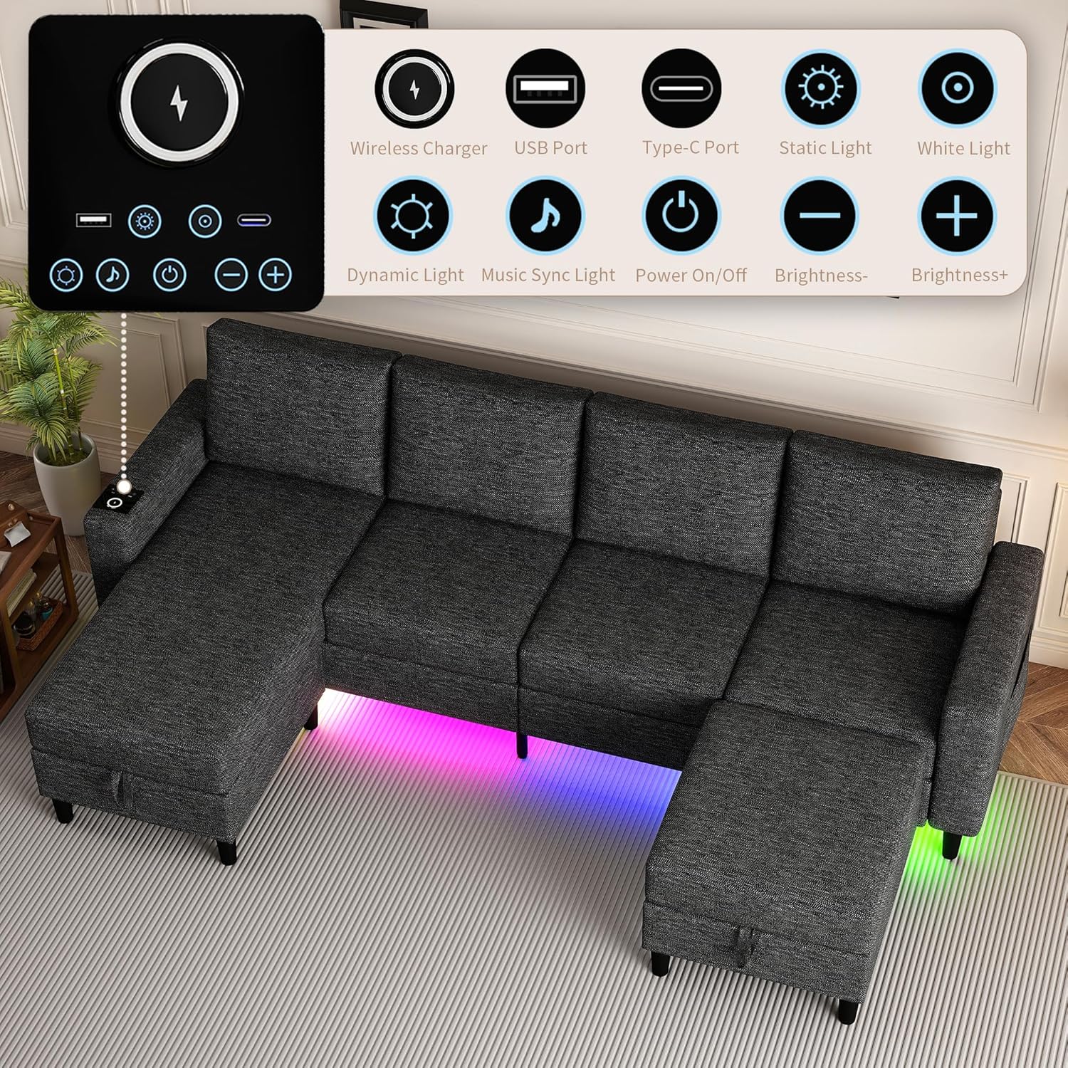 Sectional Couches for Living Room, 4 Seat Sectional Sofa with Smart Module-Wireless Charging/USB/Type-C/RGB Light, U Shaped Couch with Reversible Chaise Lounge/Storage Ottoman (Charcoal Grey)