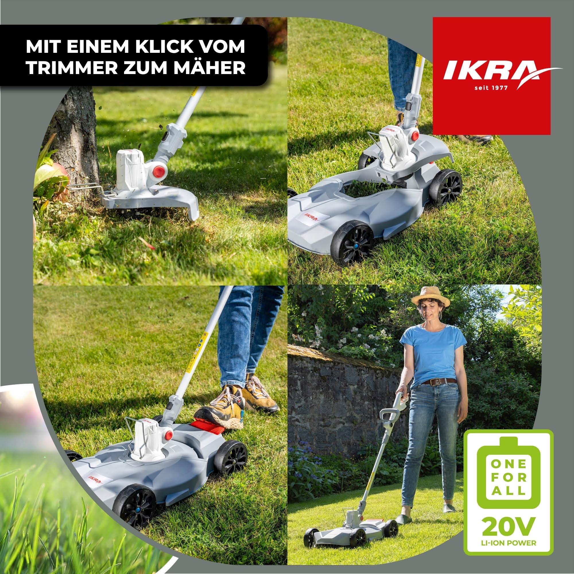 IKRA 2in1 Akku Rasentrimmer Rasenmäher IART 2030 F inkl. 3 Fadenspulen | Inkl. Akku 20V 2,0Ah & Ladegerät, für kleine Rasenflächen, Klicksystem für schnelles Umrüsten, 20 Volt Akku-Familie von IKRA