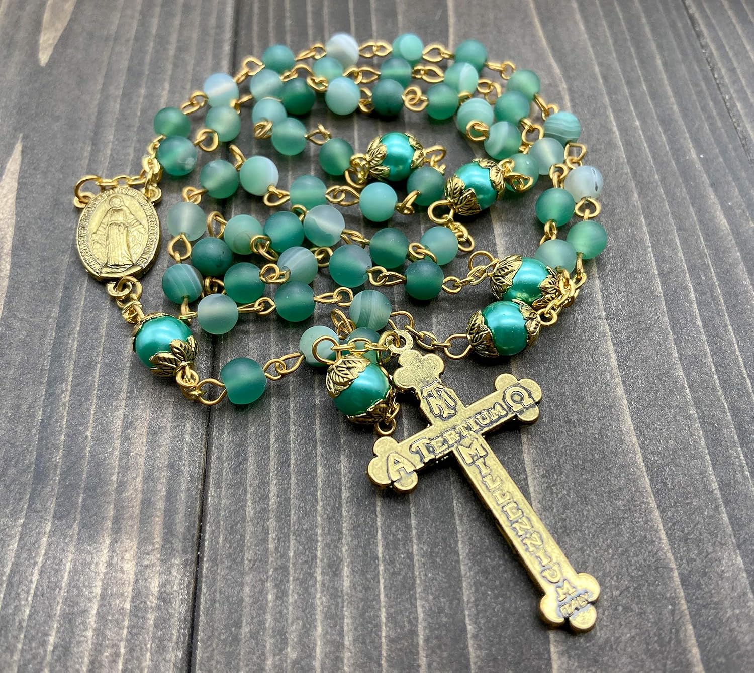 Nazareth Store Catholic Rosary Necklace Matte Stone Beads Green Pearl Round Beads Miraculous Medal & Cross - Velvet Bag - Image 7