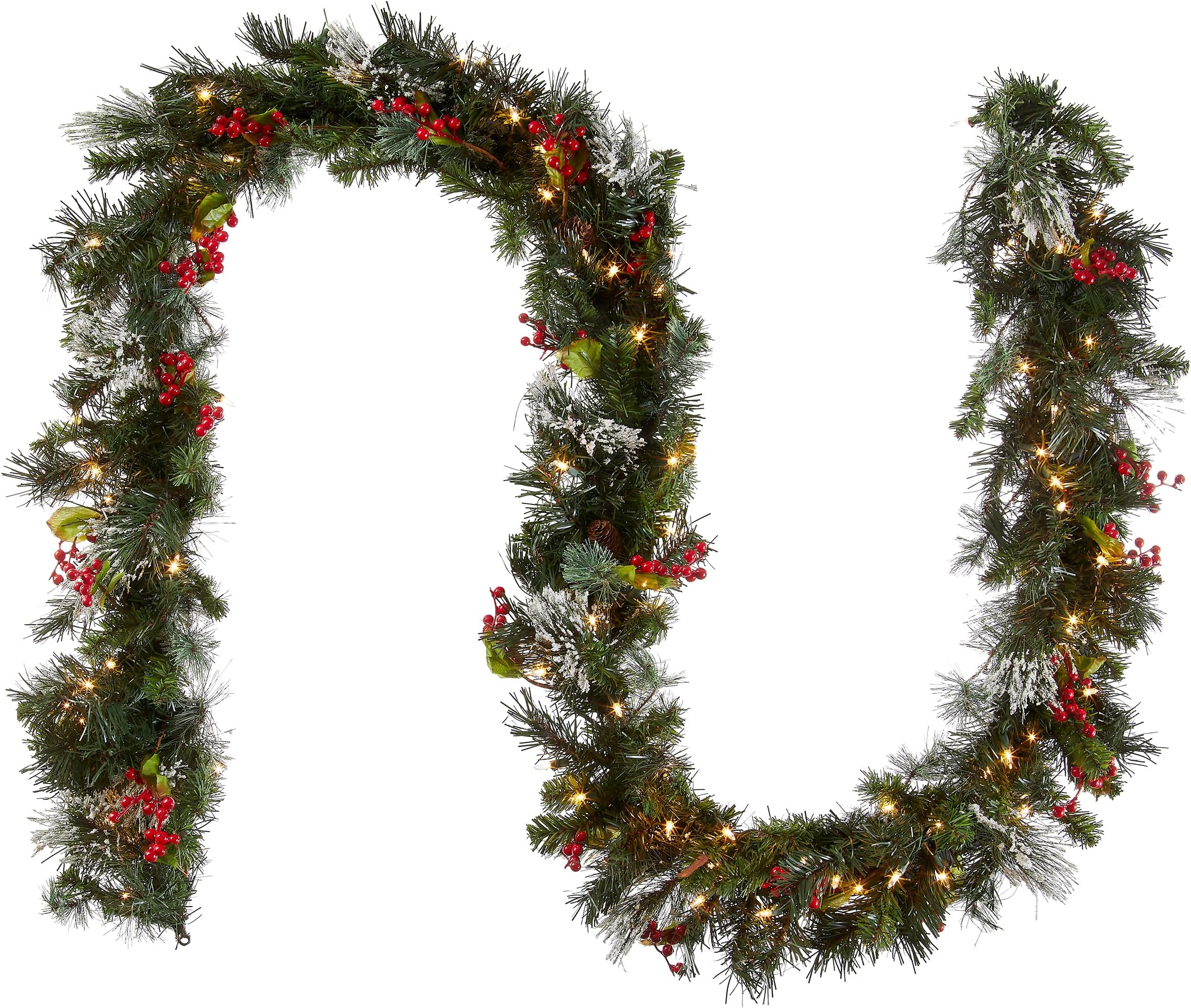 National Tree Company 9 ft Pre-Lit Wintry Pine Flocked Artificial Christmas Garland, Christmas Decoration with Pinecones, Red Berries, 100 Clear Lights, 184 Tips, Green