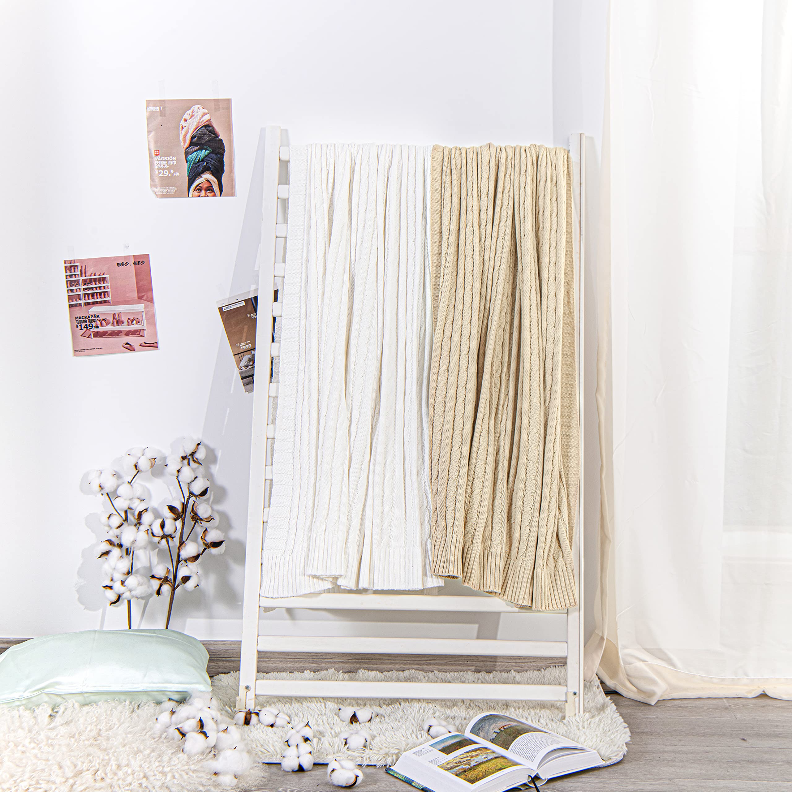NTBAY Coperta in Maglia di Cotone, Coperta da Letto Multicolore Super Morbida e Calda, 130 x 170 cm, Bianco