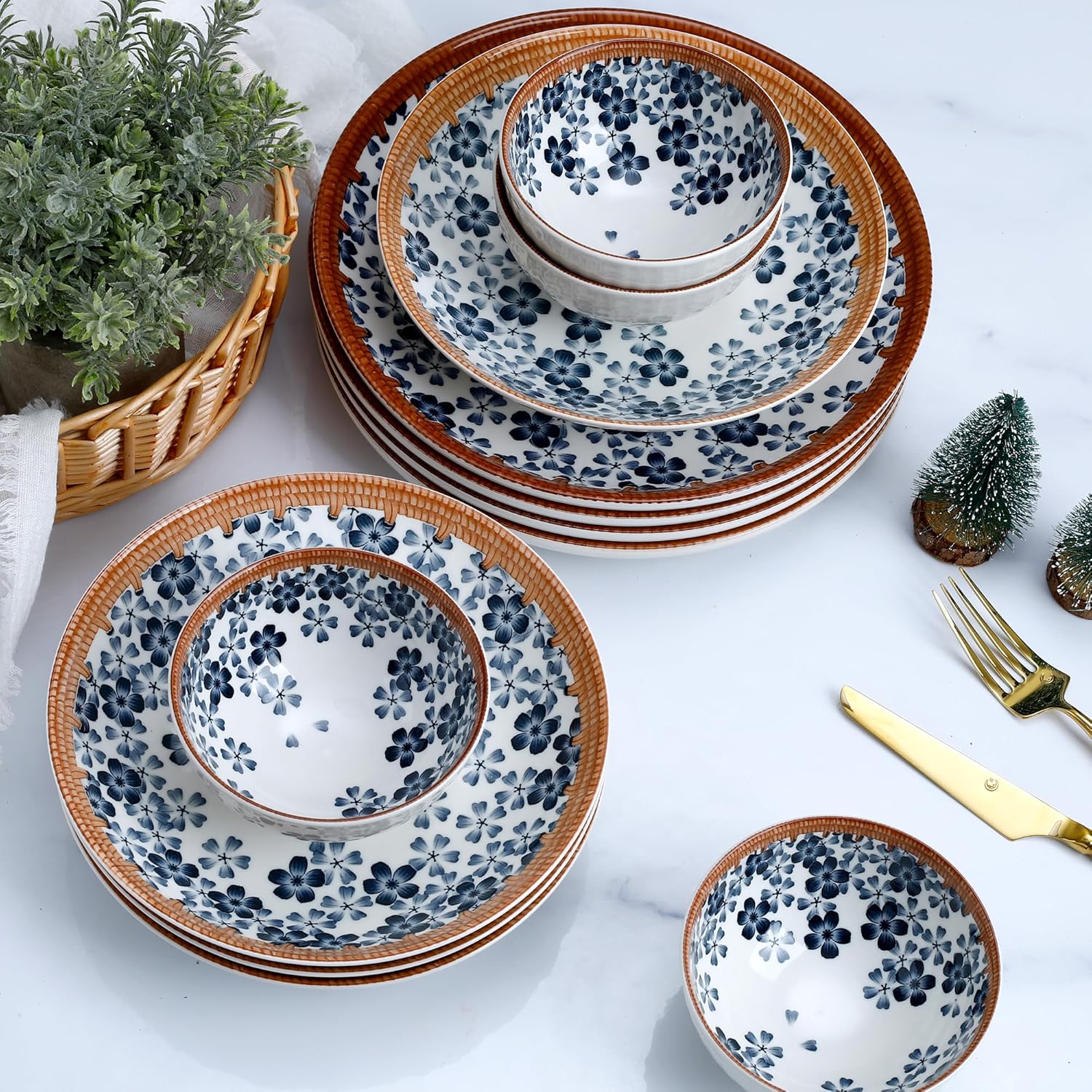 12-Piece Cherry Blossom Dinnerware Set, Japanese Sakura Porcelain Plates & Bowls, Service for 4, Microwave and Dishwasher Safe