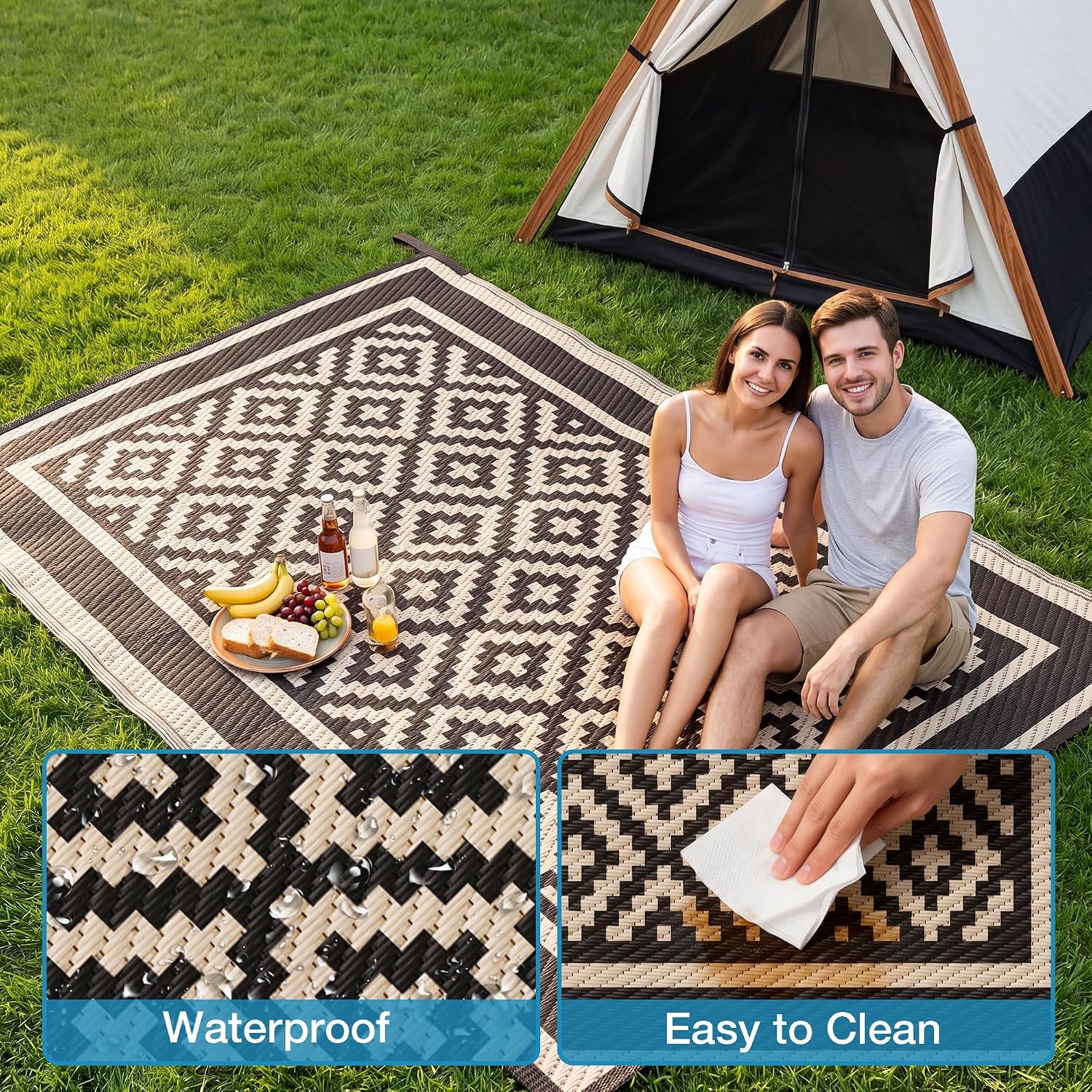  RV Outdoor Rug, Diamond, 8x10, Black & Brown thumbnail