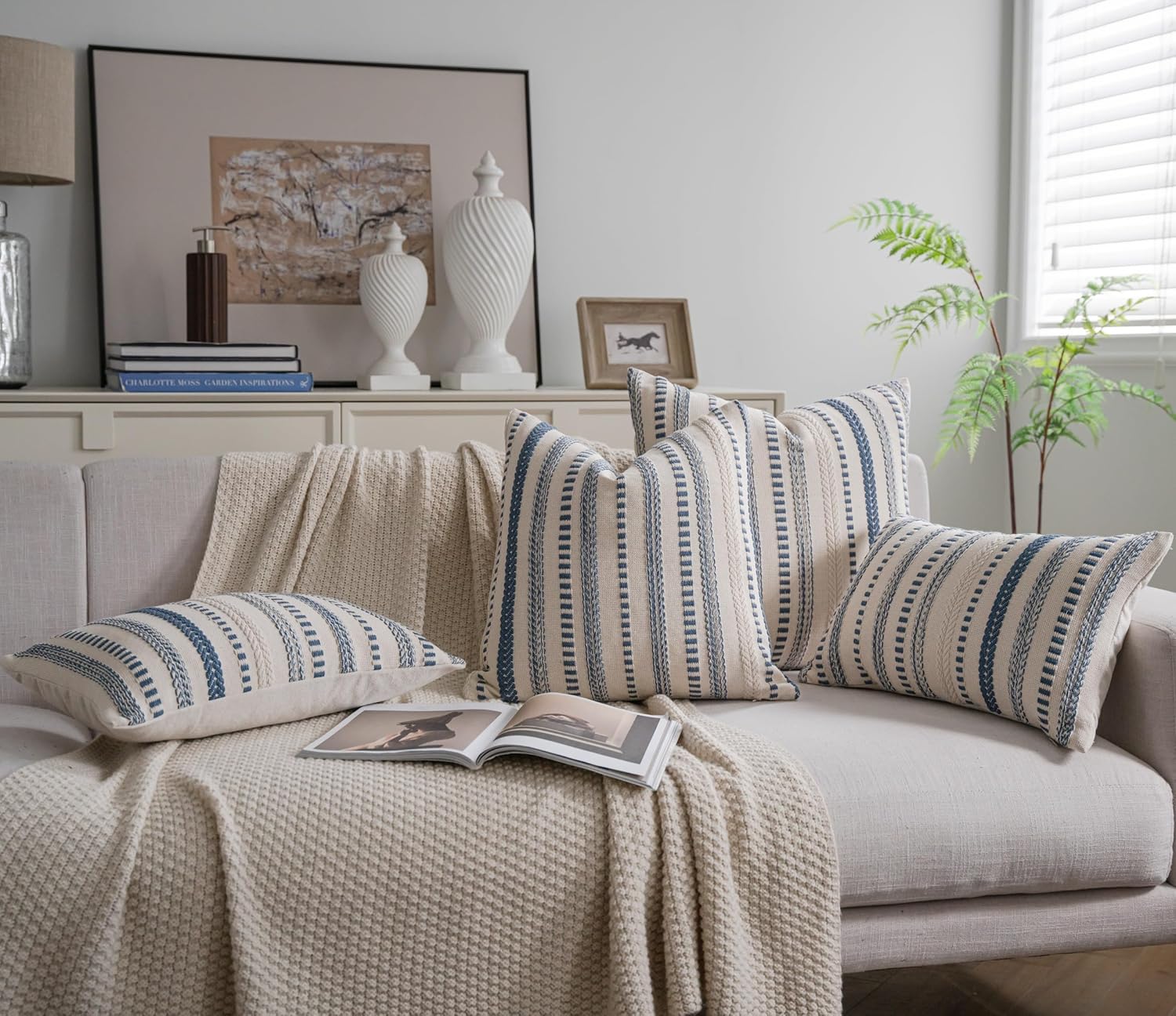 Cethom Blue and Beign Boho Throw Pillow Covers 20x20 Inch Set of 2, Stripe Textured Decorative Couch Pillow Cases for Bed, Sofa, Living Room, Bedroom, Farmhouse Home Accent Cushion Covers