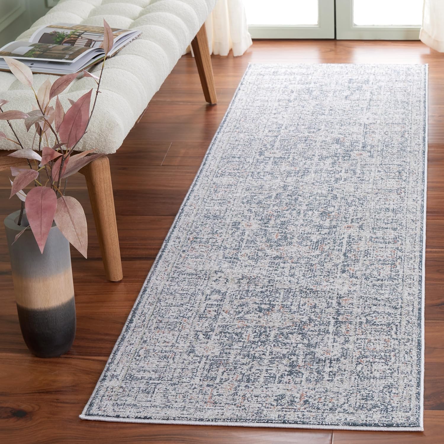 SAFAVIEH Hunter Collection Runner Rug - 2'2" x 8', Ivory & Dark Grey & Sage, Non-Shedding & Easy Care, Ideal for High Traffic Areas in Living Room, Bedroom, Home Office, Dining Space (HUN106A-28)