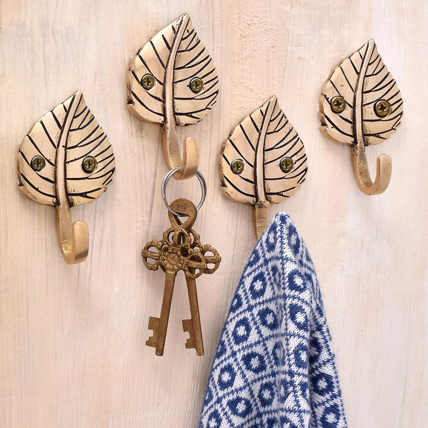 Indian Shelf Sets of 4 Multipurpose Brass Leaf Heavy Duty Decorative Vintage Key Holder, Key Wall Hooks for Hanging Coats, Jackets, Leash, Hat, Towel, Backpack, Purse, Handbag (Antique)