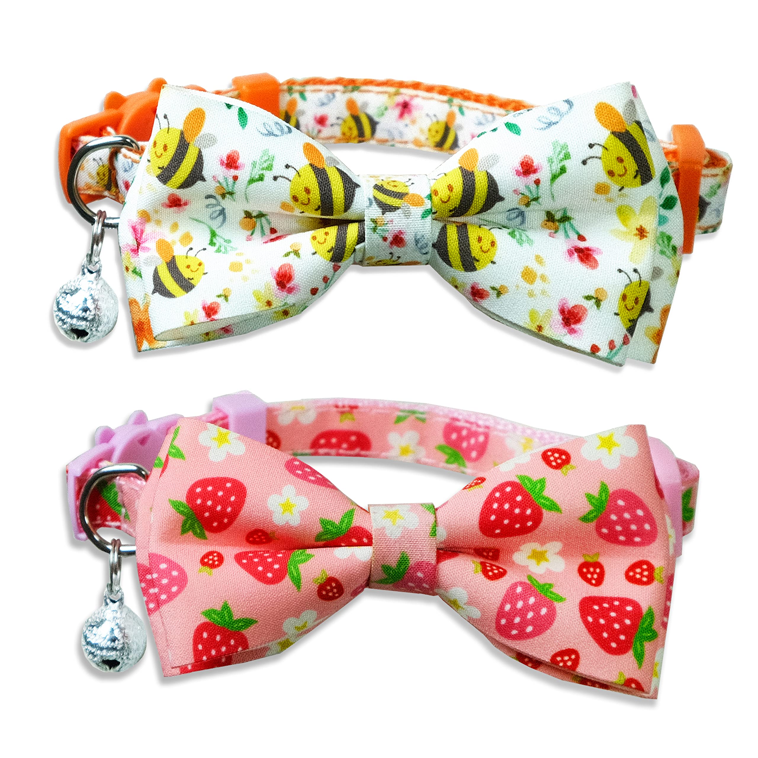 2 Pack Spring/Summer Cat Collar with Bow Tie, Honeybee and Cutie Strawberry Flower Collar for Kitties and Kittens